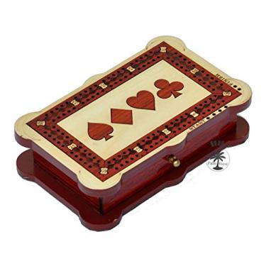 Imagem de PALM ROYAL HANDICRAFTS 2 Track Wooden Cribbage Board Set with pegs and Playing Cards Made of Bloodwood and Maplewood (60 House) Storage Available. (6 x 4 Inches)