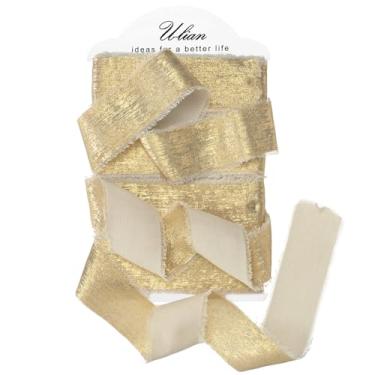 Imagem de U-LIAN Fita de chiffon metálica champanhe, 3,8 cm x 40,8 m de chiffon de seda dourada cintilante, fitas desgastadas feitas à mão para convites de casamento, buquês de noiva, embrulhos de presentes,