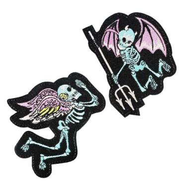 Imagem de Remendos de caveira da morte para roupas, 2 peças de caveira anjo demônio malvado ferro em bordado DIY acessórios decorativos de reparo para bolsas, chapéus, jaqueta, jeans, mochilas
