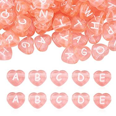 Imagem de Boutigem 100 peças de contas de coração rosa com letras transparentes do alfabeto contas de pônei colorido espaçador solto 10,5 x 11,5 mm para artesanato faça você mesmo joias colar brinco