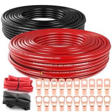 Imagem de Fio de calibre 10 (30,5 m cada - vermelho/preto) Alumínio revestido de cobre CCA - Fio automotivo primário, cabo de alimentação e aterramento do amplificador de carro, 20 conectores terminais de