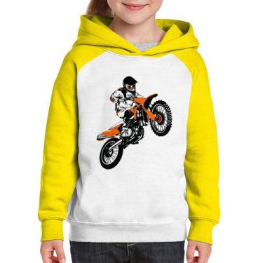 Imagem de Moletom Infantil Motocross Jump Laranja - Foca na Moda, Branco, Amarel