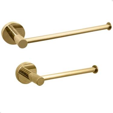 Imagem de Kit Lavabo Dourado Inox Porta Toalha Suporte Papel Higiênico Acessorio