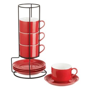 Imagem de YOLIFE Conjunto de 4 xícaras de café expresso empilháveis de porcelana de 227 g com pires e suporte de metal