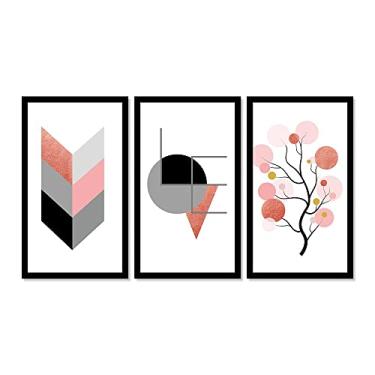 Imagem de Kit 3 Quadros Decorativos Grandes COM MOLDURA E VIDRO Formas Moderna Rosa Love