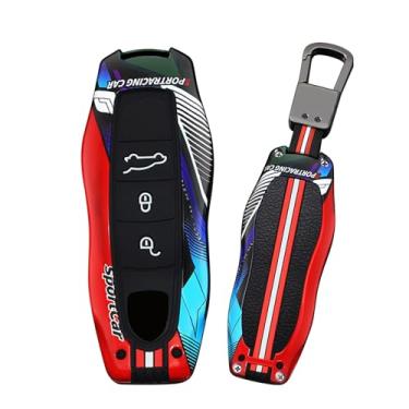 Imagem de HIBEYO Capa de chaveiro de 3 botões compatível com Porsche Cayenne Macan Panamera Boxster 911 Cayman Carrera GT3 Turbo S Carrera GT Acessórios Metal Painted Sports Style Key Shell-A Type 3 Button Red
