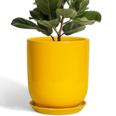 Imagem de SUNPOTFOR Vaso de cerâmica para plantas - Vaso de 25 cm para interior com orifício de drenagem e pires, vaso grande para plantas ao ar livre, cilindro, decorativo, vaso de flores amarelo