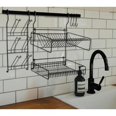 Imagem de Escorredor de Louça Suspenso Grande Kit Porta Pratos Copos Organizador Pia Cozinha Autossustentavel (Preto)