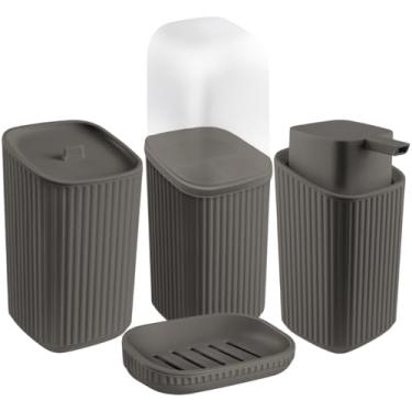 Imagem de Kit Banheiro Sabonete Líquido 400ml Porta Algodão Porta Escova e Saboneteira (Cinza Escuro)