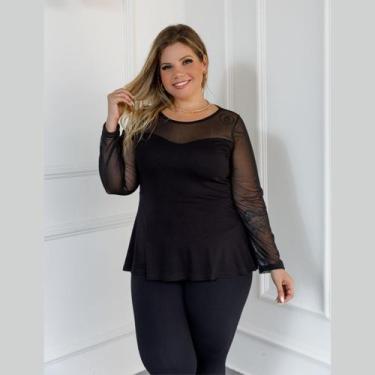 Imagem de Blusa Feminina Peplum Com Manga Longa em Tule Transparente Plus Size -