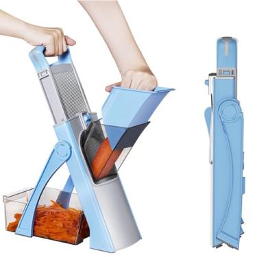 Imagem de Cortador de mandolina seguro para cozinha, cortador de legumes 5 em 1, fatiador de batata bandolim com ajustador de espessura, cortador de batatas fritas, cortador de vegetais mais rápido para