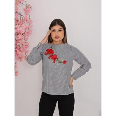 Imagem de Blusa Feminina Manga Longa em Tricoline com Bordado em Flor Tecido Pre