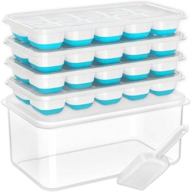 Imagem de DOQAUS Bandeja para cubos de gelo com tampa e caixa – Pacote com 4 bandejas de gelo de silicone para freezer, kits de balde de gelo empilháveis com recipiente de armazenamento e colher para cozinha