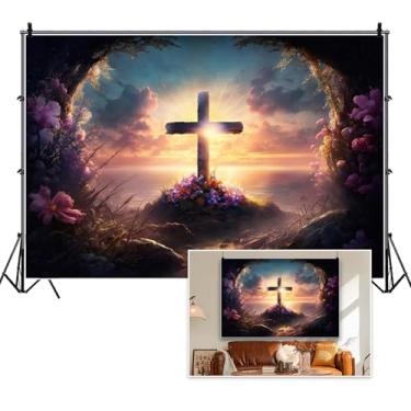 Imagem de Vie Savaran Pano de fundo de cruz de Jesus Cristo de 3 x 2,4 m, faixas cristãs crucificação na tumba flores luz sagrada cena ressurreição de Páscoa fundo para igreja crianças adultos retratos de chá