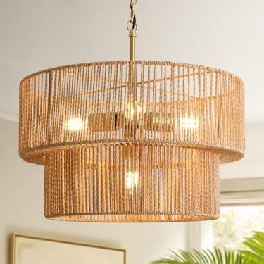 Imagem de SupMaka Lustre Boho De Rattan Com 4 Lâmpadas, Pendente De Rattan De 45 Cm Com Cúpula De 2 Níveis Tecida À Mão, Luminária De Teto Suspensa Estilo Fazenda Para Sala De Jantar, Sala De Estar, Ilha De