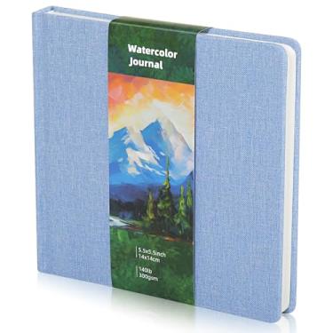 Imagem de Dispowreath Caderno quadrado de aquarela de 14 cm x 14 cm, caderno de aquarela, prensa a frio, papel de algodão 300 g/m², 48 páginas, cadernos (azul claro, 14 x 14 cm)