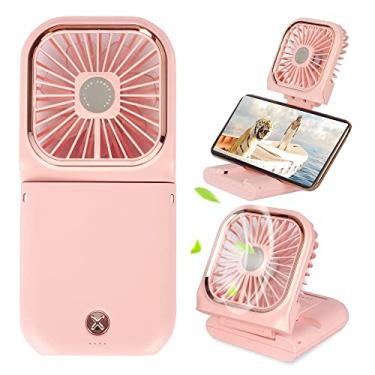 Imagem de LUKYRA Mini ventilador portátil 5 em 1 como banco de energia, suporte de telefone, ventilador de mão, ventilador de mesa, ventiladores de mão recarregáveis USB, banco de energia de 3000 mAh, 3 modos de velocidade, cordão de pescoço (rosa)
