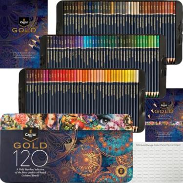 Imagem de Castle Art Supplies Conjunto de 120 lápis de colorir padrão dourado | Cores coloridas à base de óleo de qualidade permanecem mais nítidas e resistentes contra quebras | Para artistas adultos,