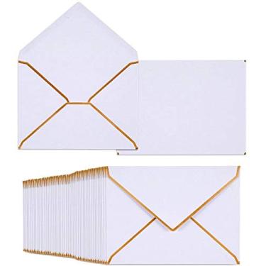 Imagem de Pacote com 50 envelopes A7 5 x 7 envelopes autoadesivos com aba V com borda dourada para escritório, cartões de presente de casamento, convites, formatura, chá de bebê, festas, Branco