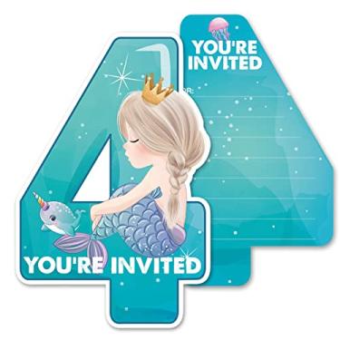 Imagem de Opomzk Convites de festa de 4 anos de sereia fofa com envelopes, conjunto de 20 convites de sereia mágica, quatro formas de convites de festa infantil para quarto aniversário, lembrancinhas de