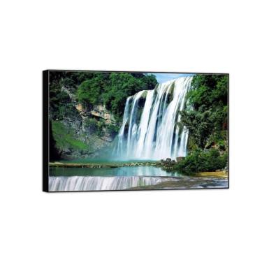 Imagem de MUHJDYC Paisagem quadros arte mural - rio cascata árvores-natureza impressões em tela - moldura preta imagem decoração sala de estar modernos 120 x 80 cm