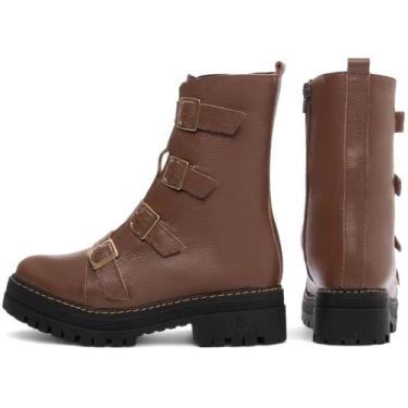 Imagem de Coturno Feminino Sola Tratorada em Couro Marrom com Zíper Lateral e Fi