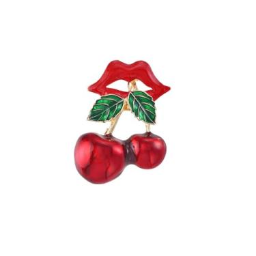 Imagem de Broche de lábios vermelhos brincalhão com cerejas broche de lapela sexy beijo para mulheres joias exclusivas para chapéu vestido bolsa terno elegante boutonniere corsage broches presente personalizado