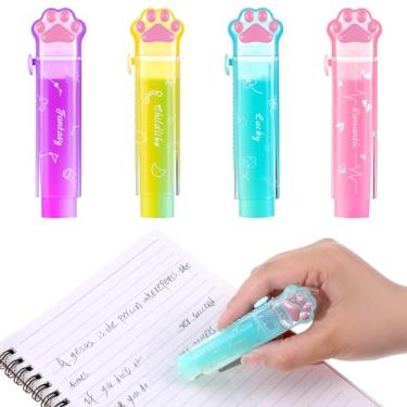 Imagem de 4 peças de borrachas deslizantes retráteis com pata de gato, borrachas de pata de gato gradiente, manga de plástico, borracha fofa para escola, borracha push-pull para escritório, apagável, cor