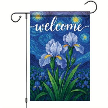 Imagem de Starlit Patio Welcome Van Gogh Bandeira de jardim céu estrelado azul íris flor floral bandeira de quintal 30 x 45 cm decoração externa dupla face para primavera verão varanda gramado entrada decoração