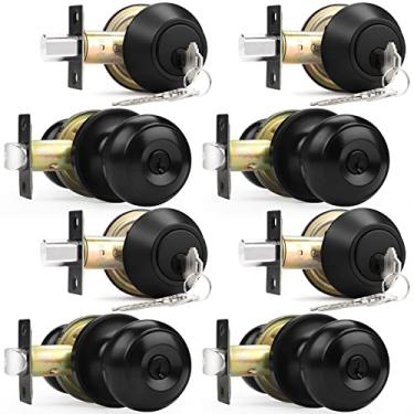 Imagem de Probrico Conjunto de maçaneta de porta de entrada e fechadura de fechadura de cilindro duplo, com chave semelhante, preto plano, conjunto de 4