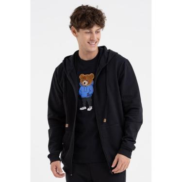 Imagem de Jaqueta Masculina Básica Moletom com Ziper, Capuz Bolso Canguru Preta