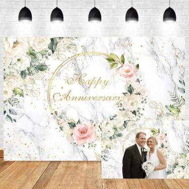 Imagem de Leyiyi Pano de fundo de feliz aniversário de 2,1 x 1,5 m, mármore branco, rosa e floral, folhas de eucalipto, folhas de eucalipto, pontos dourados, glitter, fundo fotográfico, brinde ao casamento