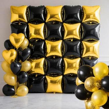 Imagem de 25 Pcs Black and Gold Balloons, Huge Square Foil Balloons Wall Backdrop for Birthday, Baby Shower, Wedding, Graduation, Bachelorette Party, Disco Party Decorations Supplies