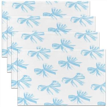 Imagem de Erosebridal Jogo americano com laço azul, 30,5 x 45,7 cm, tapete kawaii, resistente ao calor, para crianças, meninas, senhoras, laço azul e branco para mesa de jantar, cozinha, tapete de mesa com tema