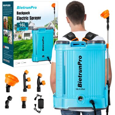 Imagem de BietrunPro Pulverizador Costal De 4 Galões Com Misturador, Bomba Pressão Potente 100 Psi, Inseticida Para Ervas Daninhas Alimentado Por Bateria, Pulverização Horas, Haste Telescópica, 5 Bicos, Mochi