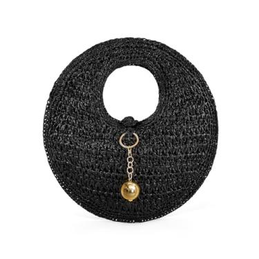 Imagem de PHILOMENA Bolsa de praia de palha de tecido para mulheres, bolsa circular de ráfia feita à mão, bolsa de mão boho chique de verão, bolsa grande redonda, Preto, Large