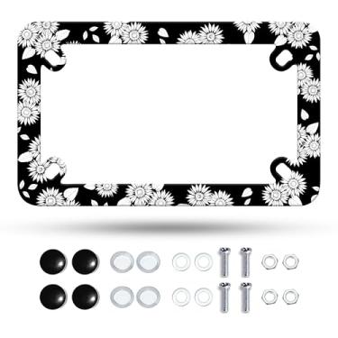 Imagem de Moldura de placa de licença de girassol preto e branco para motocicleta, lindas flores, material de aço inoxidável, engraçado, suporte de placa de licença de motocicleta, à prova de ferrugem, à prova