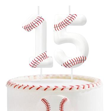 Imagem de Velas de aniversário de 15 anos, topo de bolo de beisebol para meninos e meninas, número 15 velas temáticas de beisebol, decorações de aniversário, artigos de festa