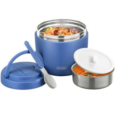 Imagem de wiwens Pote térmico para alimentos quentes para adultos 947 ml, recipientes térmicos para almoço, boca larga, isolados a vácuo, aço inoxidável, à prova de vazamento, caixa bentô com colher (azul)