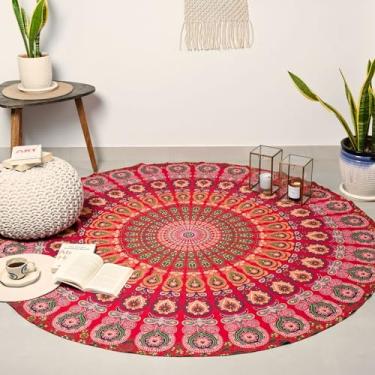 Imagem de RAJRANG Toalha de praia redonda tapeçaria vermelha dourada - toalha de mesa redonda mandala boho chique mantas de algodão para piquenique e acampamento 182 cm