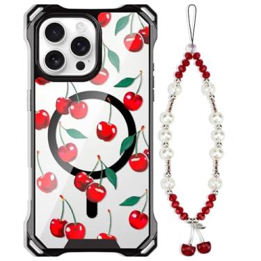 Imagem de Tcaraersing Capa para iPhone 16 Pro Max Cherry com alça de corrente [compatível com MagSafe] Proteção magnética transparente de grau militar quatro cantos à prova de choque fina capa de telefone para