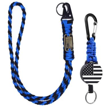 Imagem de Chaveiro retrátil de 2 peças, carretel de suporte de crachá resistente – Cordão de paracord trançado com bandeira dos EUA, carretel retrátil para crachá de identificação e colar de corda de paraquedas