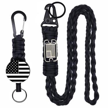 Imagem de cibtdtl Chaveiro retrátil de 2 peças, porta-crachá mosquetão resistente com carretel extensível para identidade, cordão de paracord da bandeira dos EUA, cabo de aço e colar de corda de paraquedas