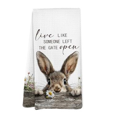 Imagem de Yorhifa Toalhas de prato engraçadas de cozinha de coelhinho de fazenda, presentes de fazendeiros de coelho para homens, casa de fazenda, viva como alguém deixou o portão aberto coelho Cottagecore