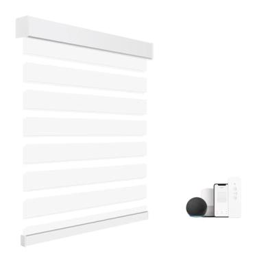 Imagem de Persianas zebra motorizadas com controle remoto, 60% blackout de camada dupla, persianas elétricas sem fio horizontais recarregáveis para Windows compatíveis com Alexa Google (branco, 66 cm L x 182 cm