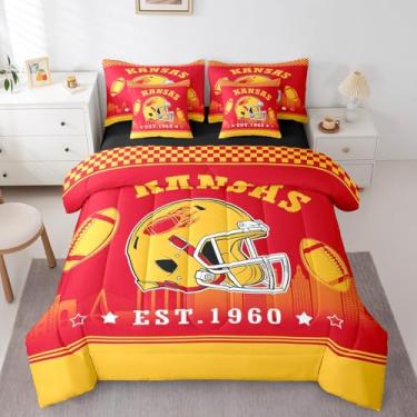 Imagem de Jogo de cama solteiro de futebol americano, 7 peças, para meninos, jogadores, cama em uma bolsa com lençol de cima e elástico, rubi com fronhas e fronhas, colcha temática de jogos esportivos (Kansas)