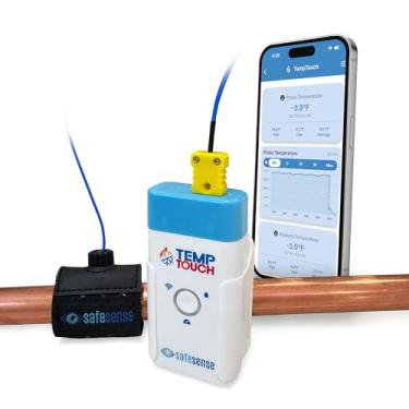 Imagem de SafeSense Sensor de temperatura e umidade do tubo WiFi TempTouch – Termômetro inteligente para encanamento, HVAC, monitoramento ambiente – Sensor de temperatura sem fio controlado por aplicativo com