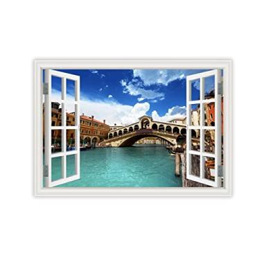 Imagem de Impressão em tela para parede janela ponte de Veneza céu azul 3D falsa janela vista paisagem paisagem paisagem imagem impressão em tela arte de parede para sala de estar 80 x 120 cm 31 x 47 pol sem