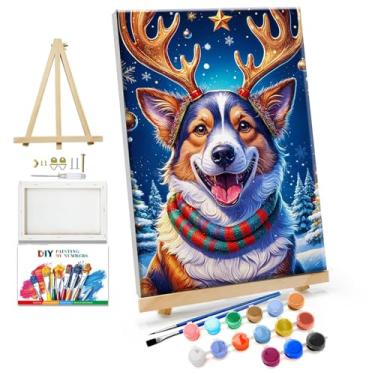 Imagem de JOOZ Kit de pintura por números para adultos com moldura, pintura de Natal por número com cavalete para cães adultos kits de pintura a óleo de árvore de Natal DIY para presente decoração de parede de
