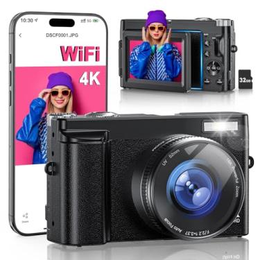 Imagem de Câmera digital 4K para fotografia, WiFi 64MP 180° tela flip 7.6 cm câmera vlogging autofoco para YouTube, zoom 16X Compact Point e Shoot Câmeras para iniciantes com cartão de 32 GB, 2 baterias